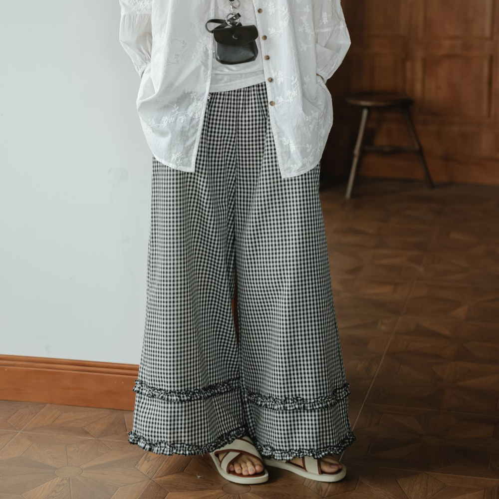 柄 パンツ 春夏新作 韓国風 チェック柄 フリルワイドパンツ