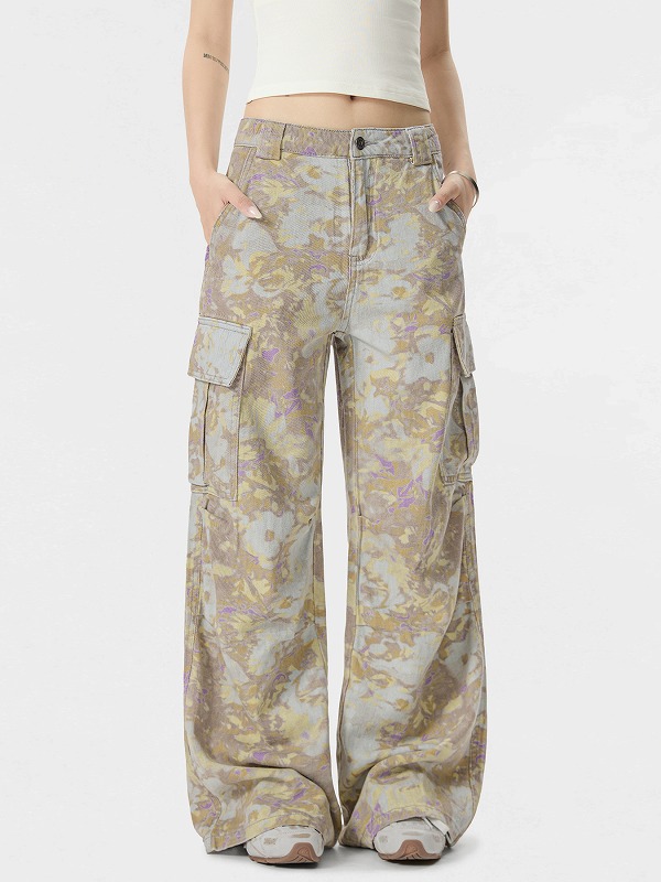 柄 パンツ 迷彩柄ワイドカーゴパンツ男女兼用ストリート