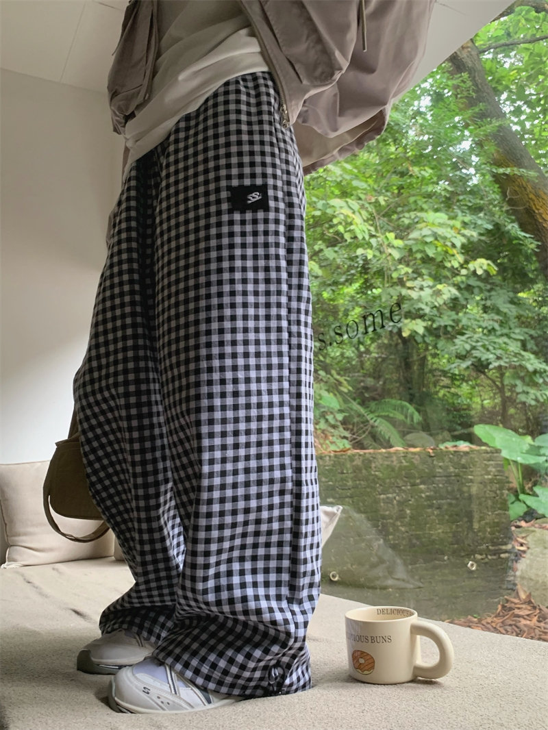 柄 パンツ ゆったりチェック柄ロングパンツ韓国風ワイドチノ