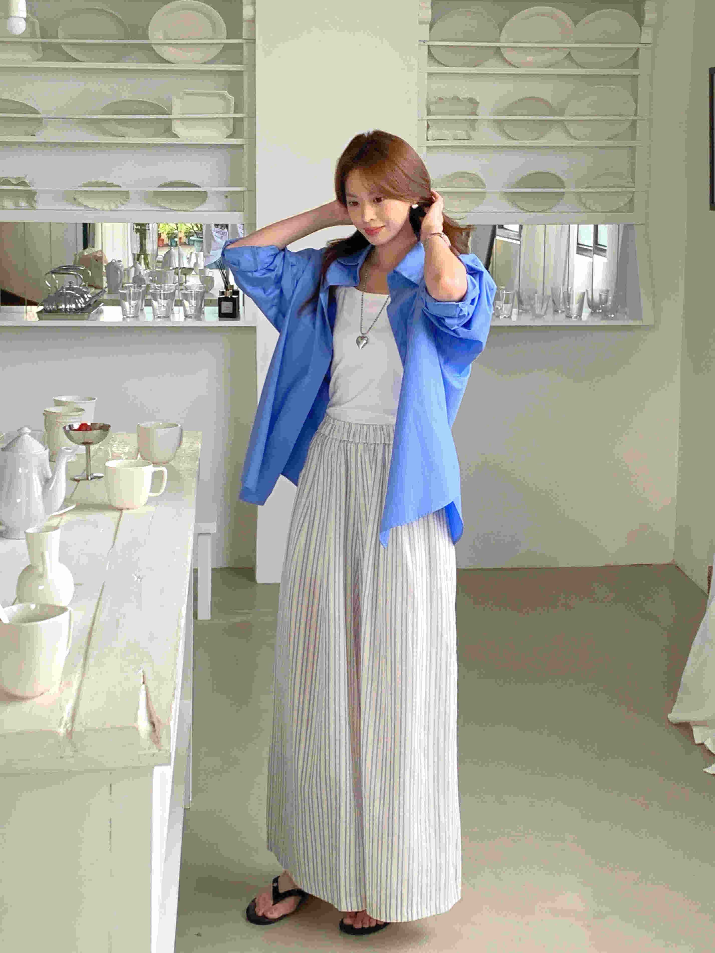 柄 パンツ 韓国風ストライプ柄ゆったりワイドパンツ