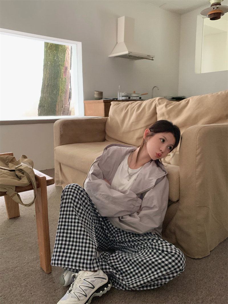 柄 パンツ ゆったりチェック柄ロングパンツ韓国風ワイドチノ