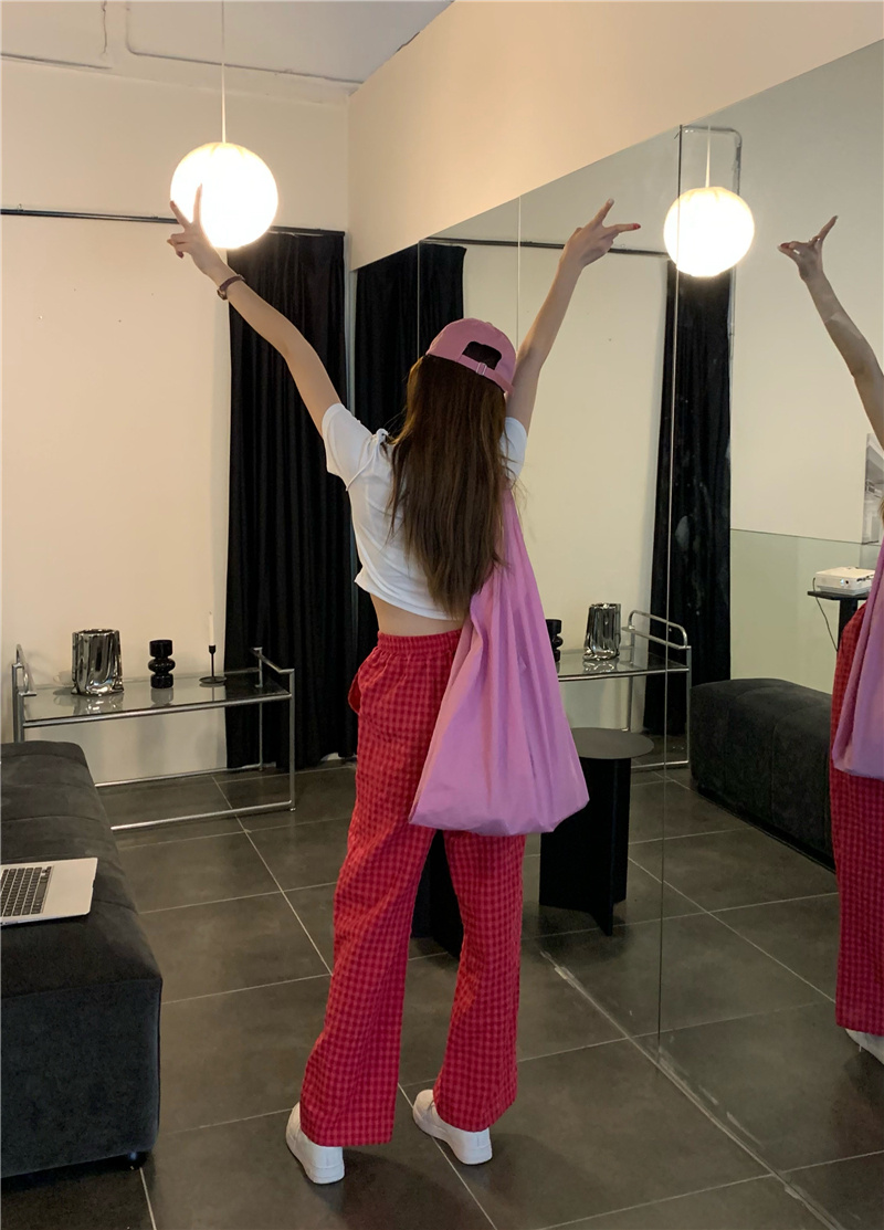 柄 パンツ チェック柄ハイウエストワイドパンツ