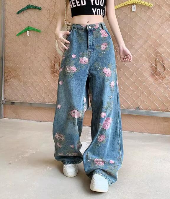 柄 パンツ 花柄プリントワイドデニムパンツ