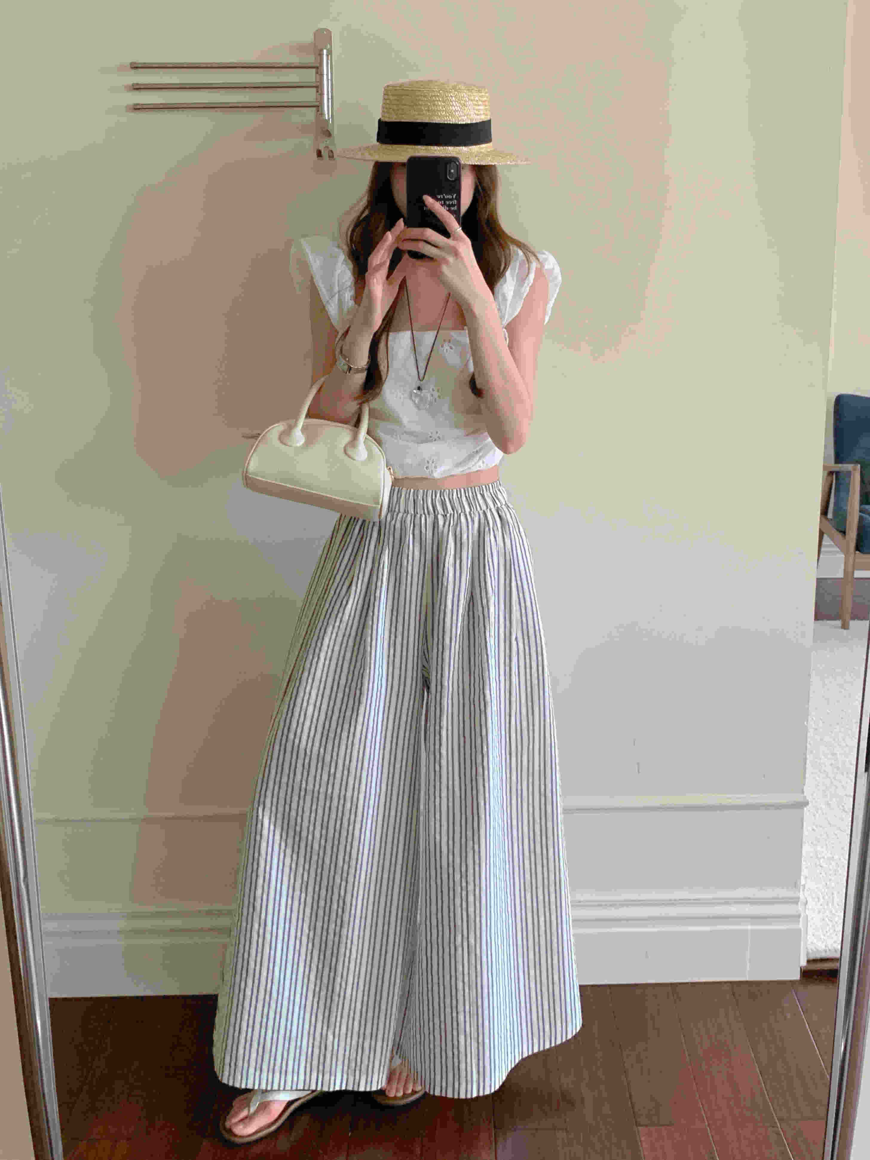 柄 パンツ 韓国風ストライプ柄ゆったりワイドパンツ