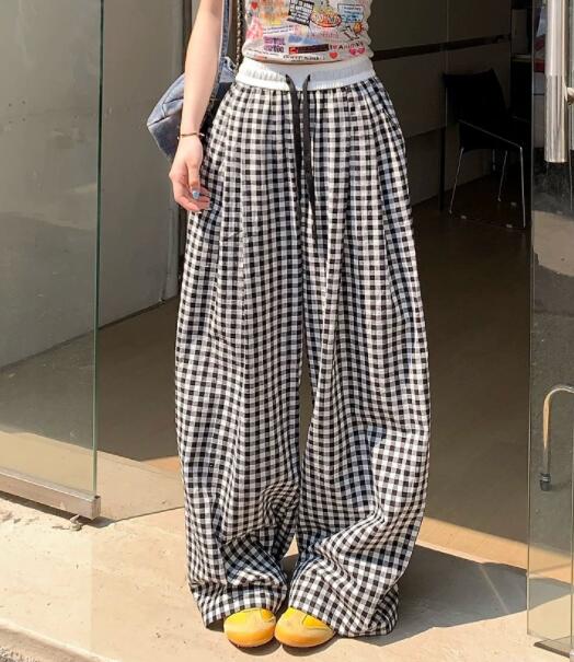 柄 パンツ チェック柄ワイドパンツゆったりボトムス
