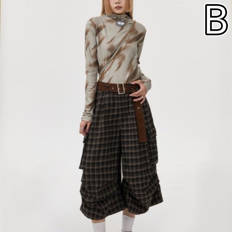 柄 パンツ チェック柄カーゴワイドパンツ七分丈