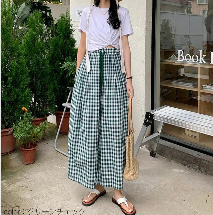 柄 パンツ 二〇二五年新作チェック柄ワイドパンツ女性用ハイウエスト
