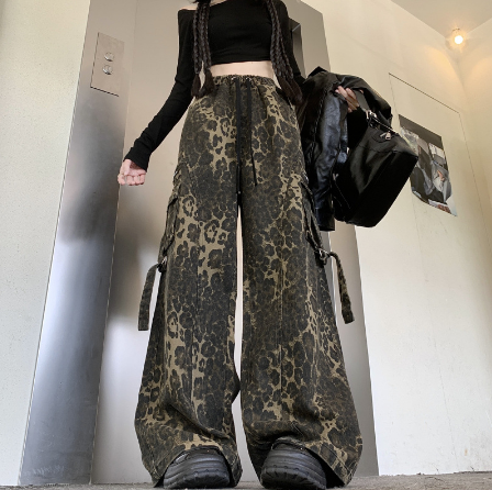 柄 パンツ 秋冬新作ヒョウ柄ワイドパンツカジュアル