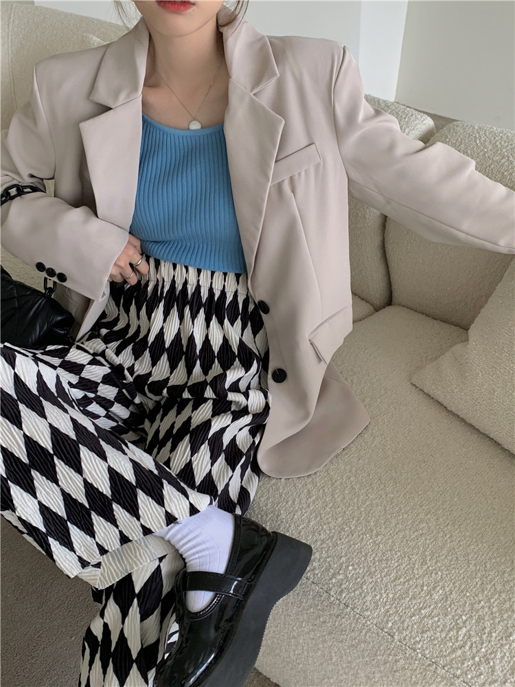柄 パンツ 話題のダイヤ柄ワイドパンツ秋冬ハイウエストゆったり