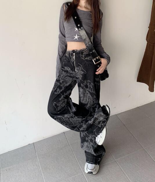 柄 パンツ 龍柄デニムハイウェストワイドパンツ