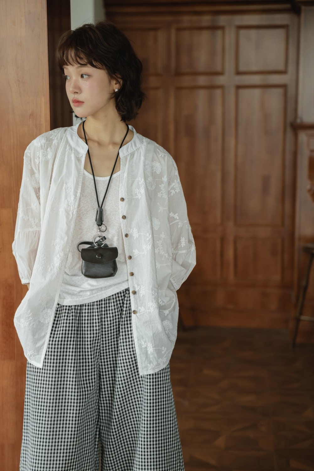 柄 パンツ 春夏新作 韓国風 チェック柄 フリルワイドパンツ