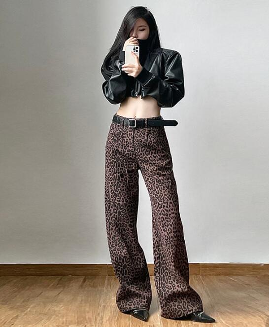 柄 パンツ 女性用ハイウエストワイドパンツヒョウ柄スラックス