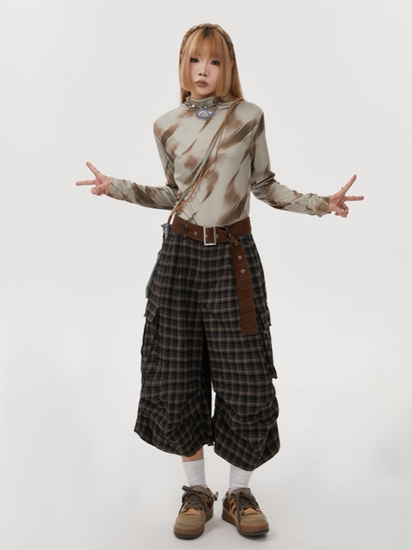 柄 パンツ チェック柄カーゴワイドパンツ七分丈