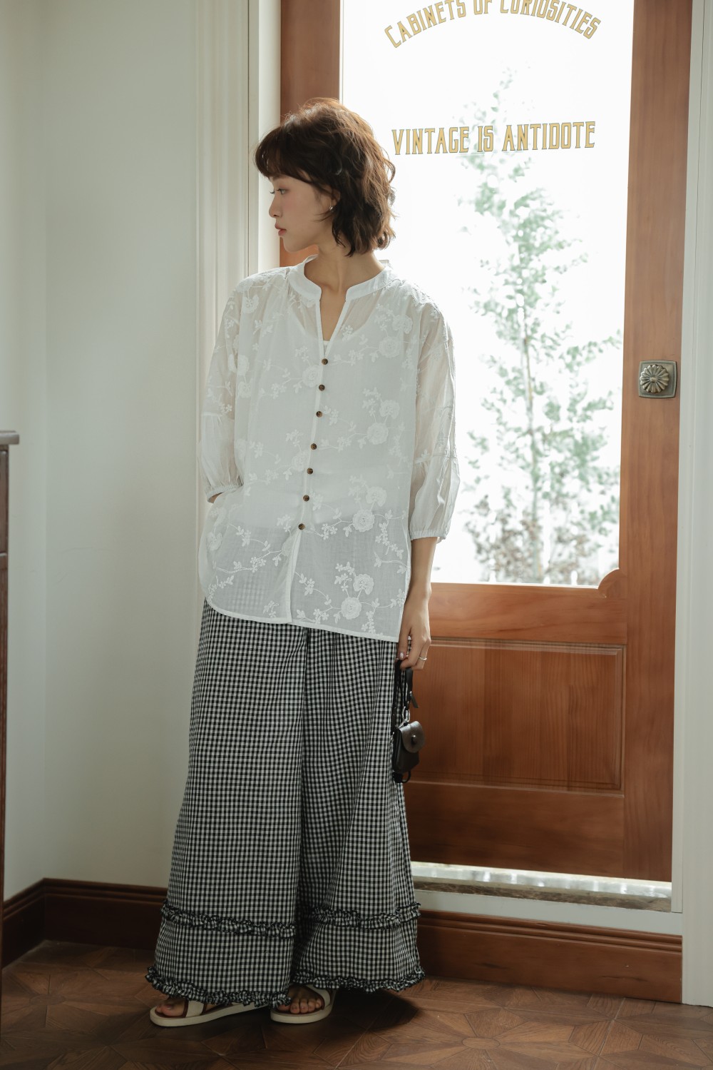 柄 パンツ 春夏新作 韓国風 チェック柄 フリルワイドパンツ