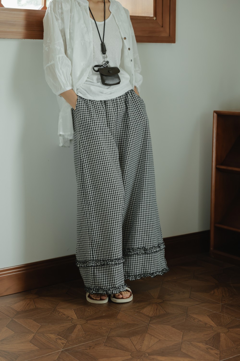 柄 パンツ 春夏新作 韓国風 チェック柄 フリルワイドパンツ