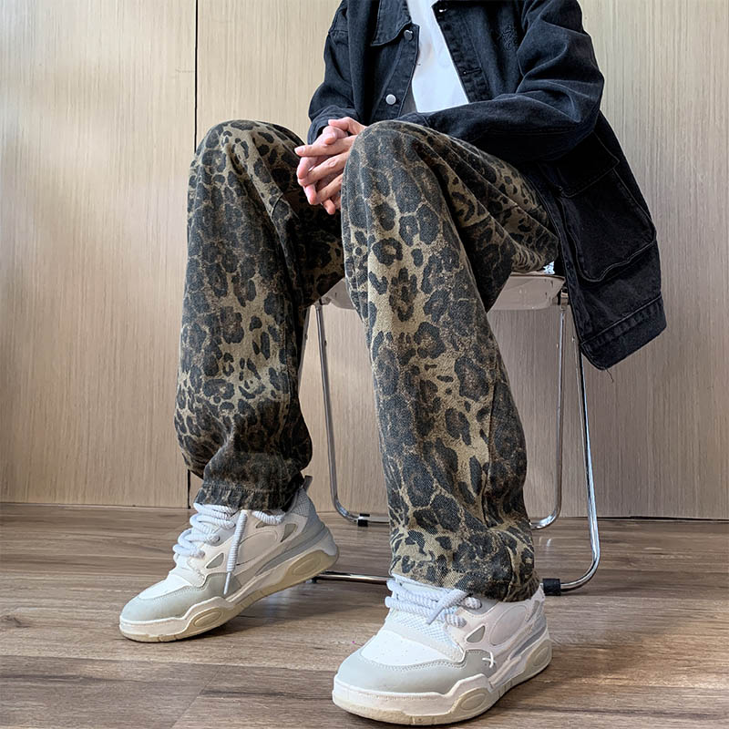 柄 パンツ 豹柄デニムパンツ ワイドストレート メンズ ボトムス