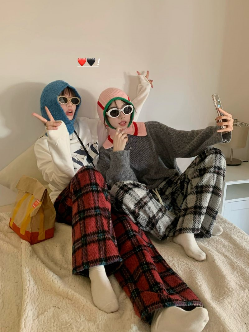 柄 パンツ 韓国風レトロチェック柄ゆったりカジュアルパンツ