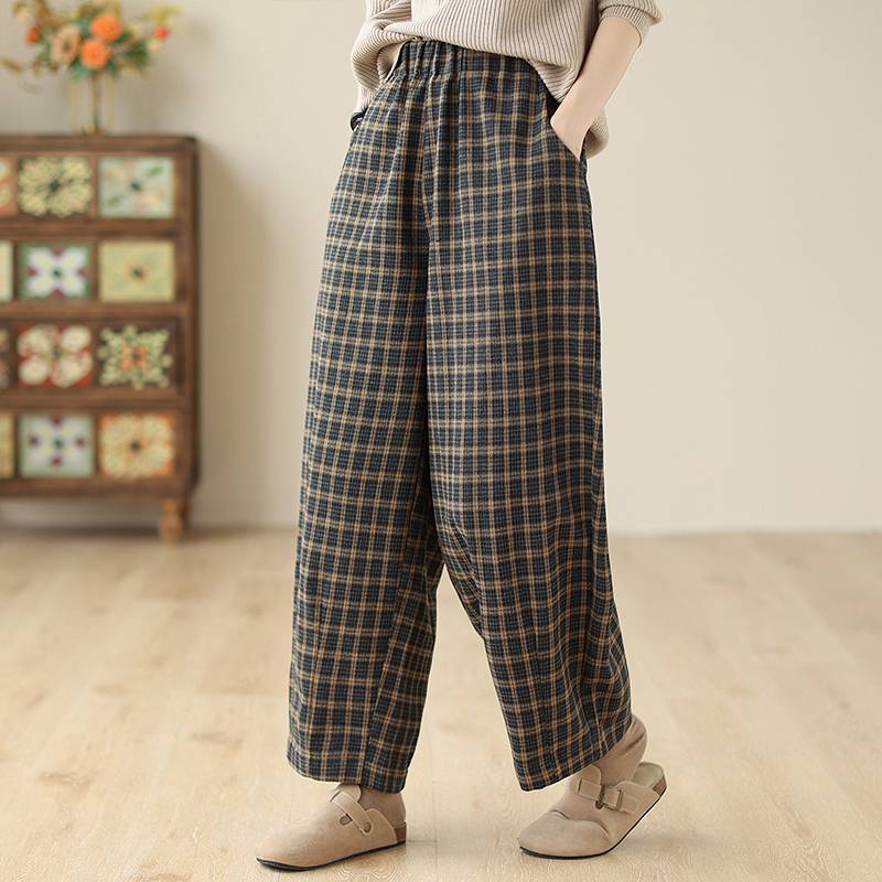 柄 パンツ 秋冬新作チェック柄裏起毛ロングパンツ