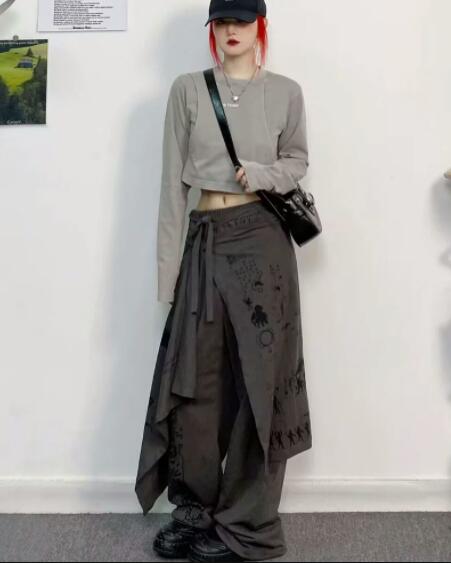 柄 パンツ 女の子向け不規則重ね着風ワイドパンツ