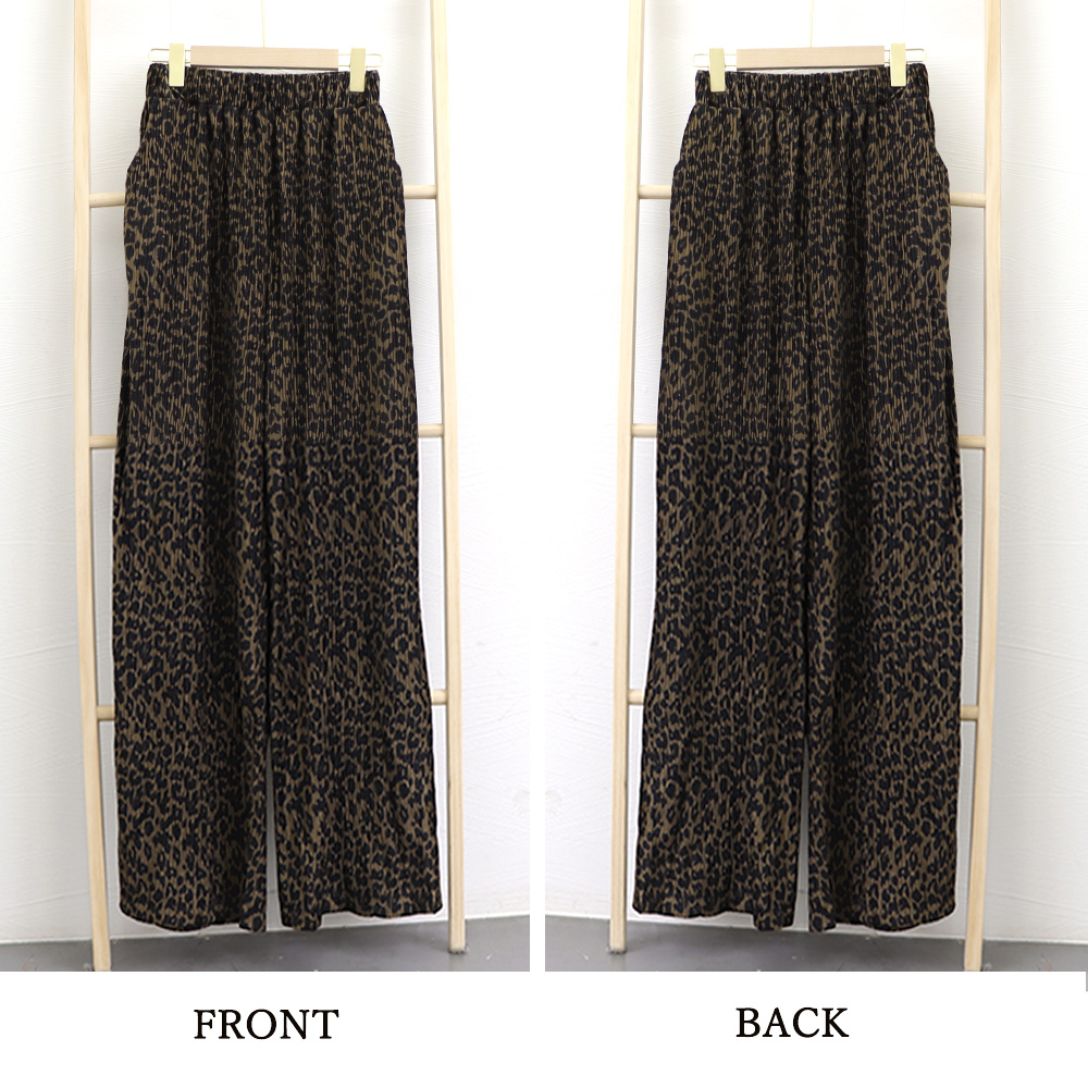 柄 パンツ ヒョウ柄プリーツワイドパンツ レディース
