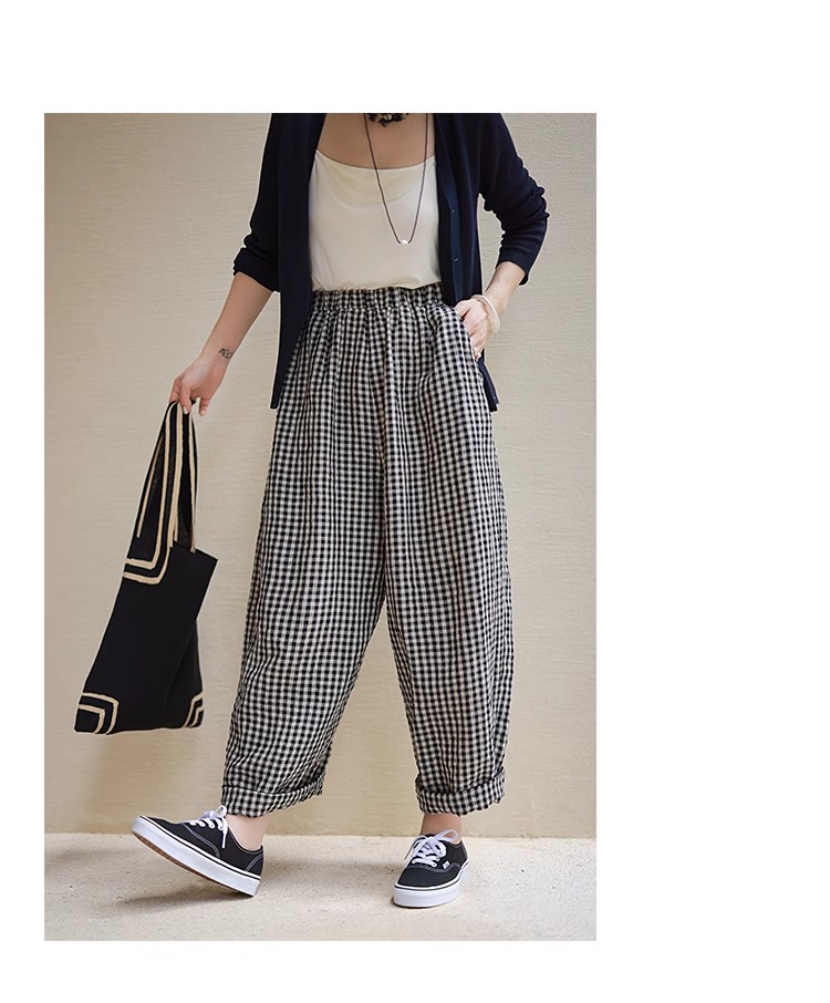柄 パンツ ギンガムチェック柄ワイドパンツ ウエストゴム