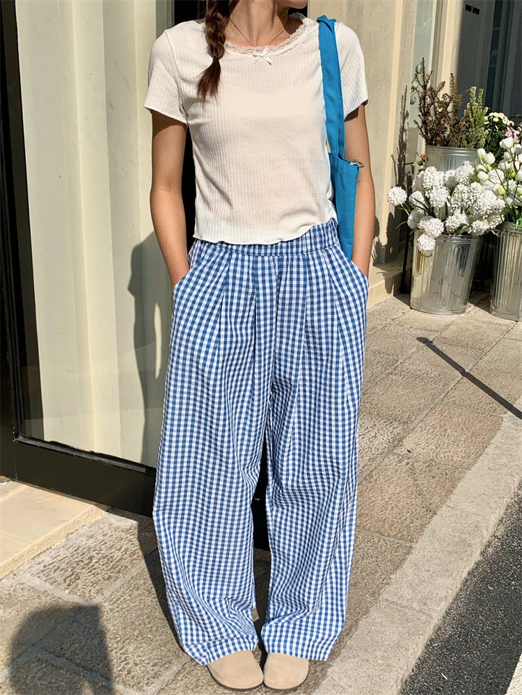 柄 パンツ 春夏ゆったりワイド チェック柄パンツ ゴムウエスト