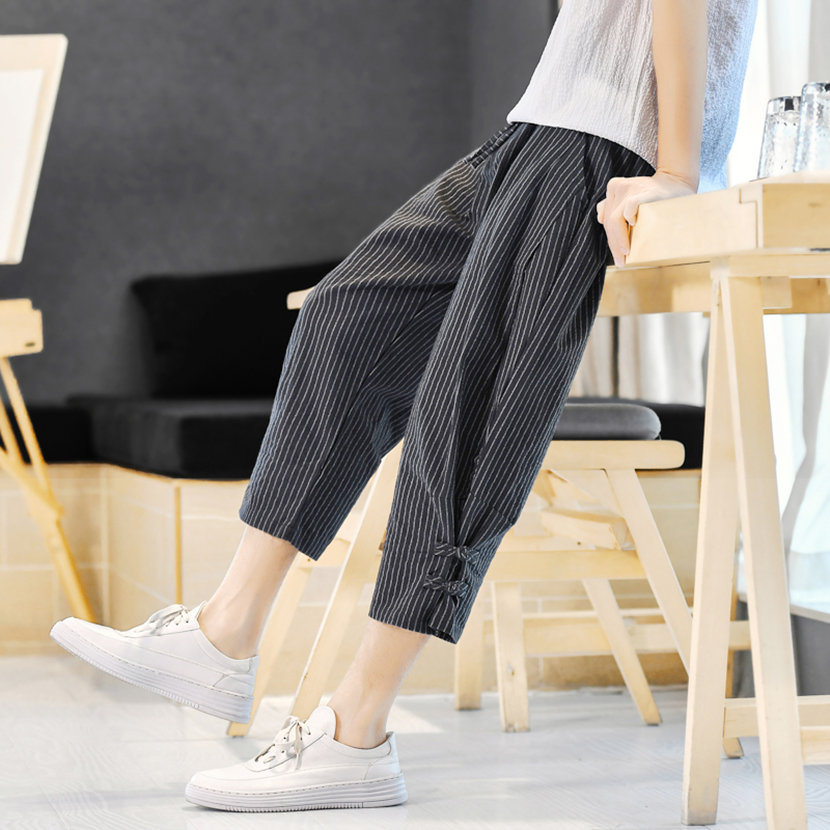 柄 パンツ 細線裾リボン七分丈バルーンパンツ