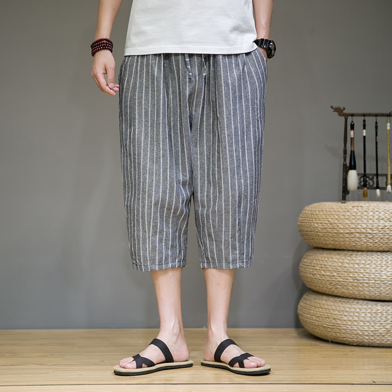 柄 パンツ 涼やか七分丈ストライプワイドパンツ