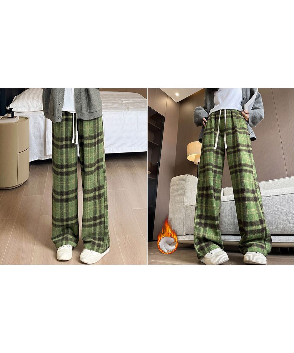 柄 パンツ チェック柄パンツ裏起毛ハイウエストワイドパンツ