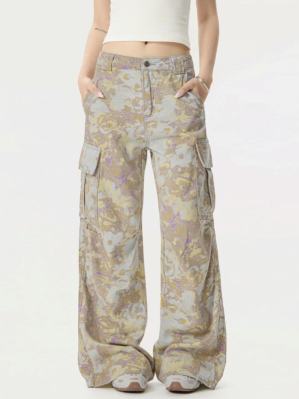 柄 パンツ 迷彩柄ワイドカーゴパンツ男女兼用ストリート