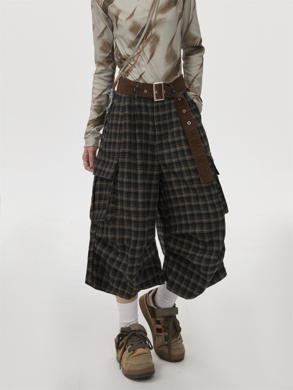 柄 パンツ チェック柄カーゴワイドパンツ七分丈