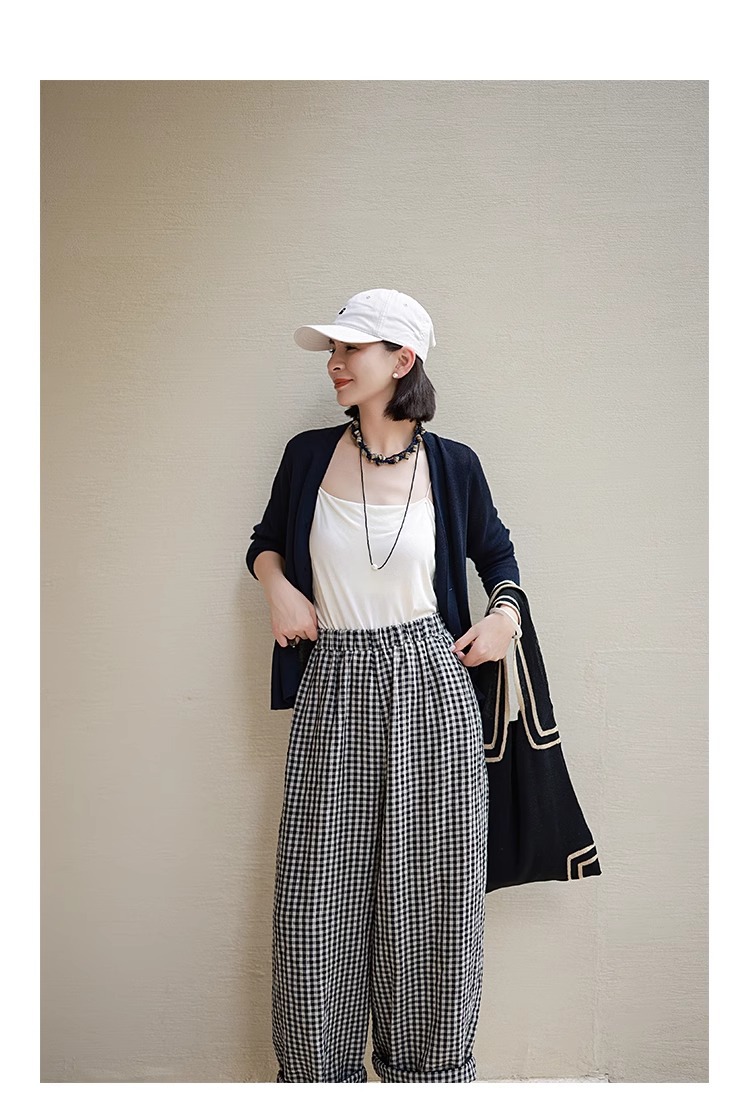 柄 パンツ ギンガムチェック柄ワイドパンツ ウエストゴム