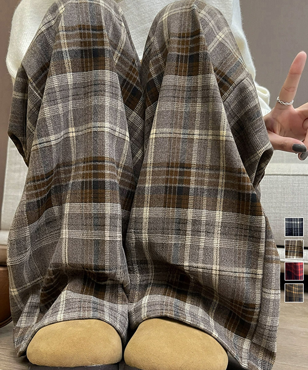 柄 パンツ チェック柄ハイウエストワイドパンツ