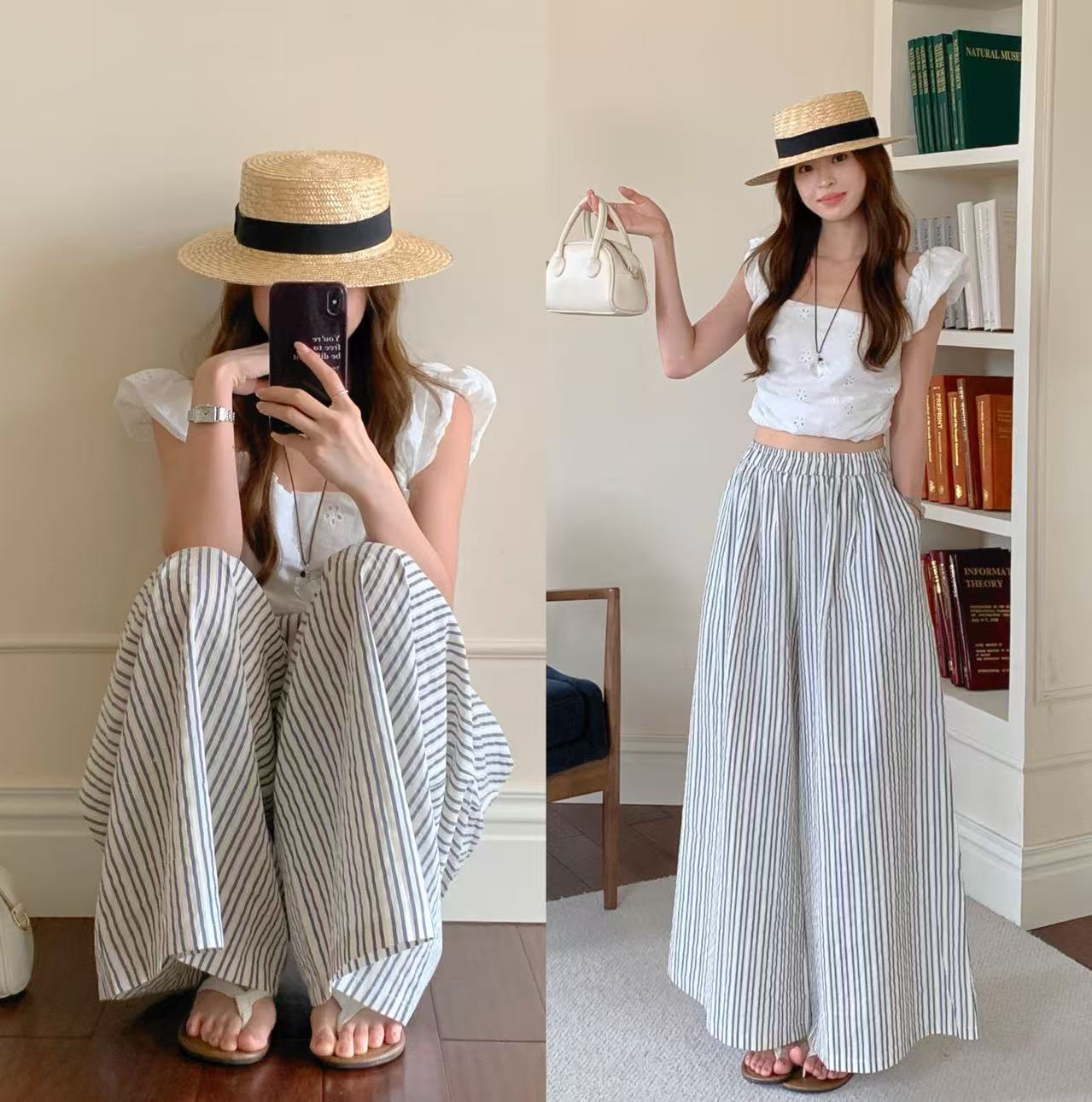 柄 パンツ 韓国風ストライプ柄ゆったりワイドパンツ