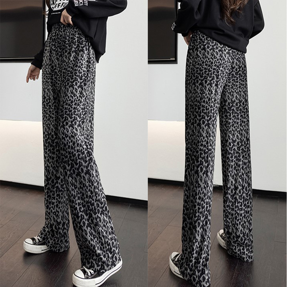 柄 パンツ ヒョウ柄プリーツワイドパンツ レディース