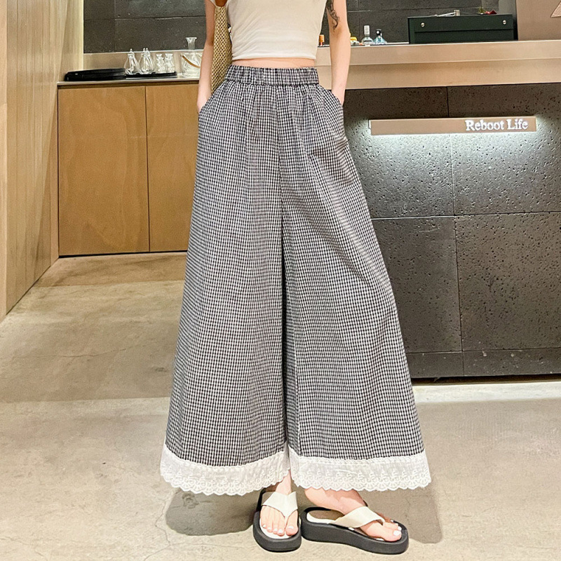 柄 パンツ レース裾ギンガムチェックワイドパンツ