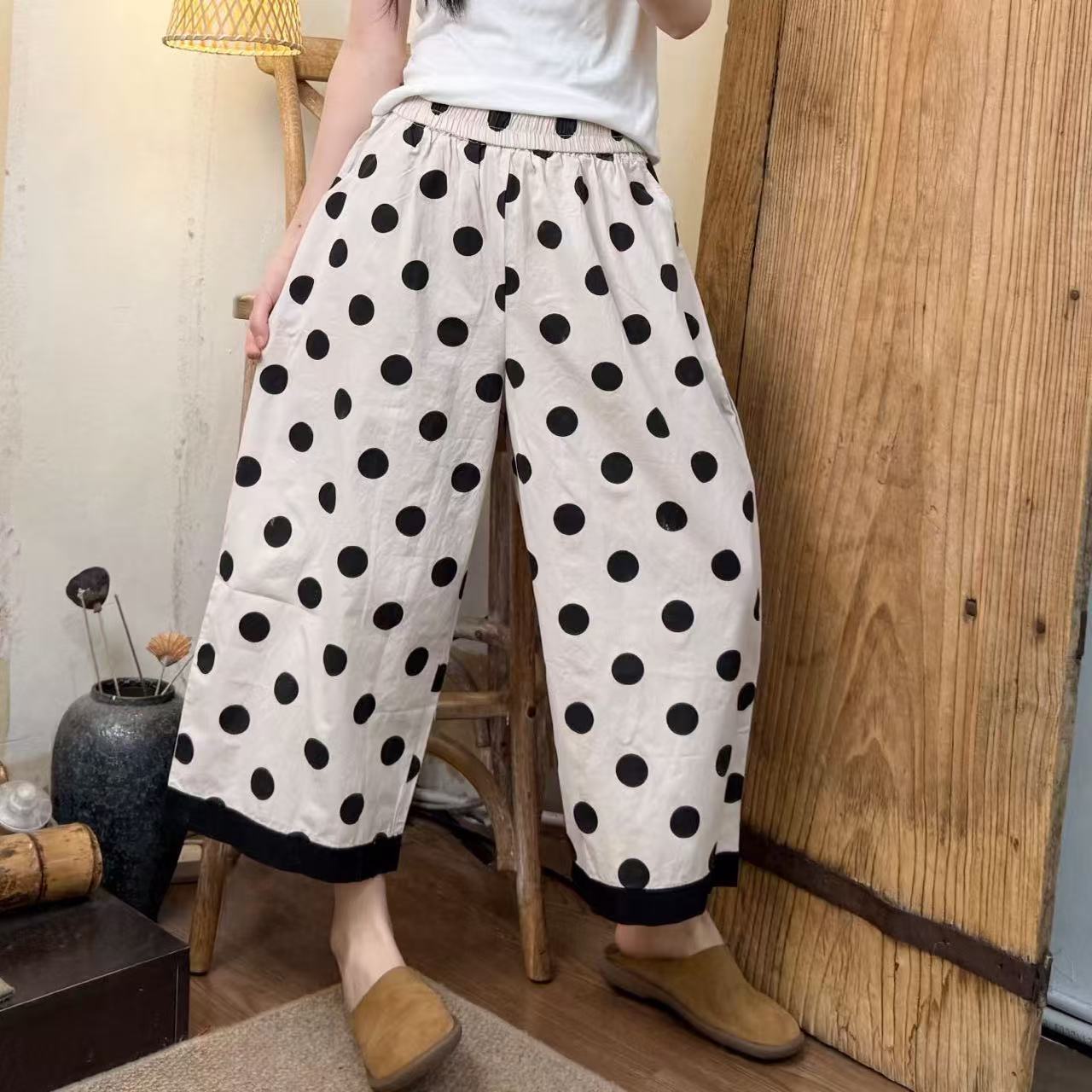 柄 パンツ 古典水玉ゆったりワイドパンツ