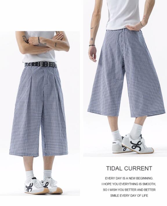 柄 パンツ チェック柄ワイドパンツ七分丈ゆったりシルエット