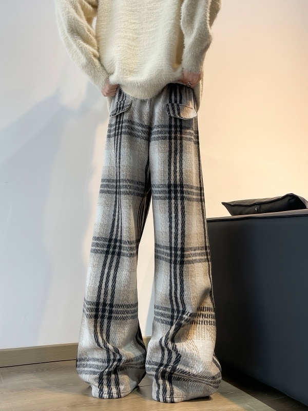 メンズ ウール風 チェック格子柄 パンツ