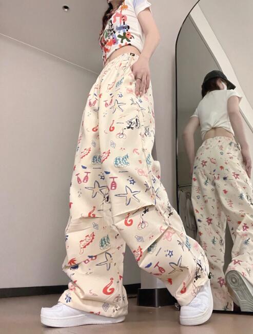 柄 パンツ 花柄プリントカーゴパンツ レディース ワイドボトムス