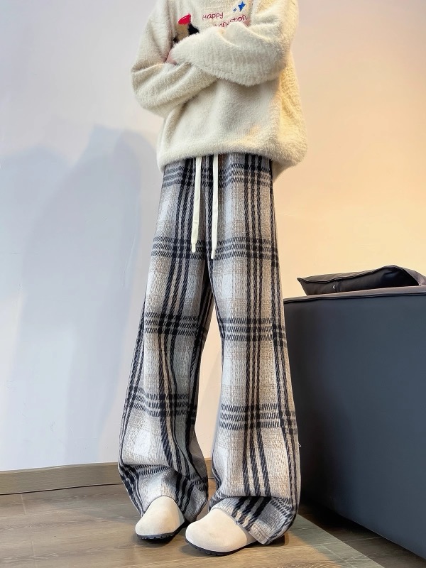 メンズ ウール風 チェック格子柄 パンツ