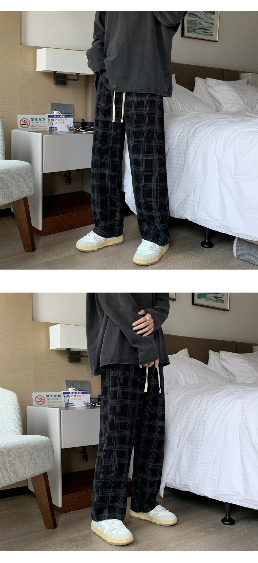 柄 パンツ 古典格子ゆったりワイドパンツ