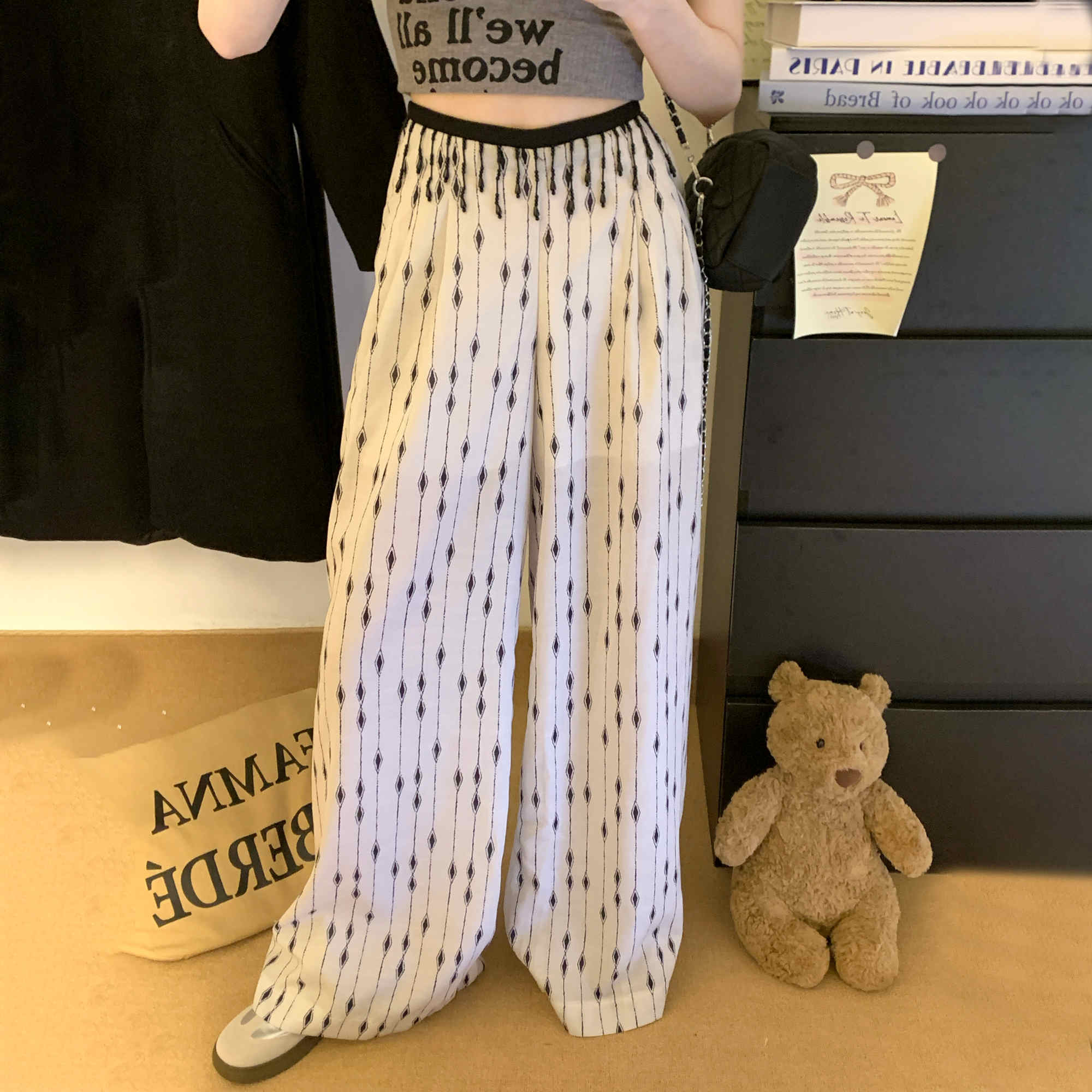 柄 パンツ 韓国風ダイヤ柄ワイドパンツ ゆったりカジュアル
