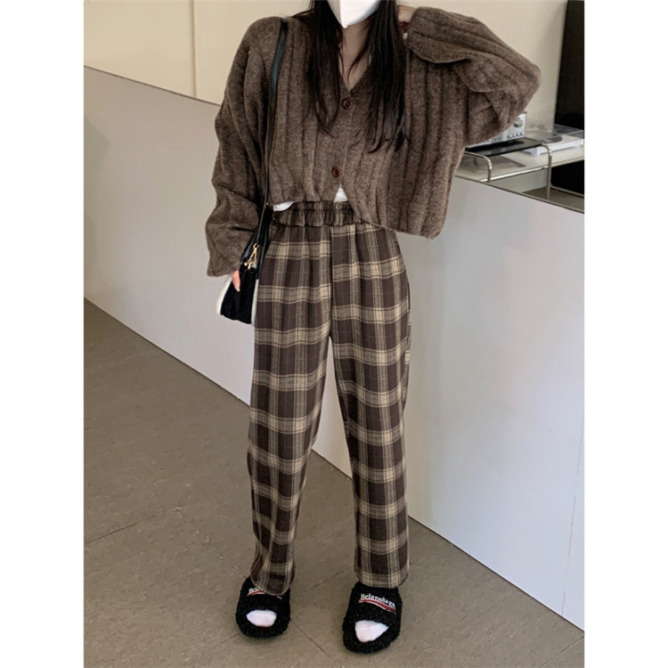 柄 パンツ 伸縮性抜群チェック柄ワイドパンツ女性用暖か厚手