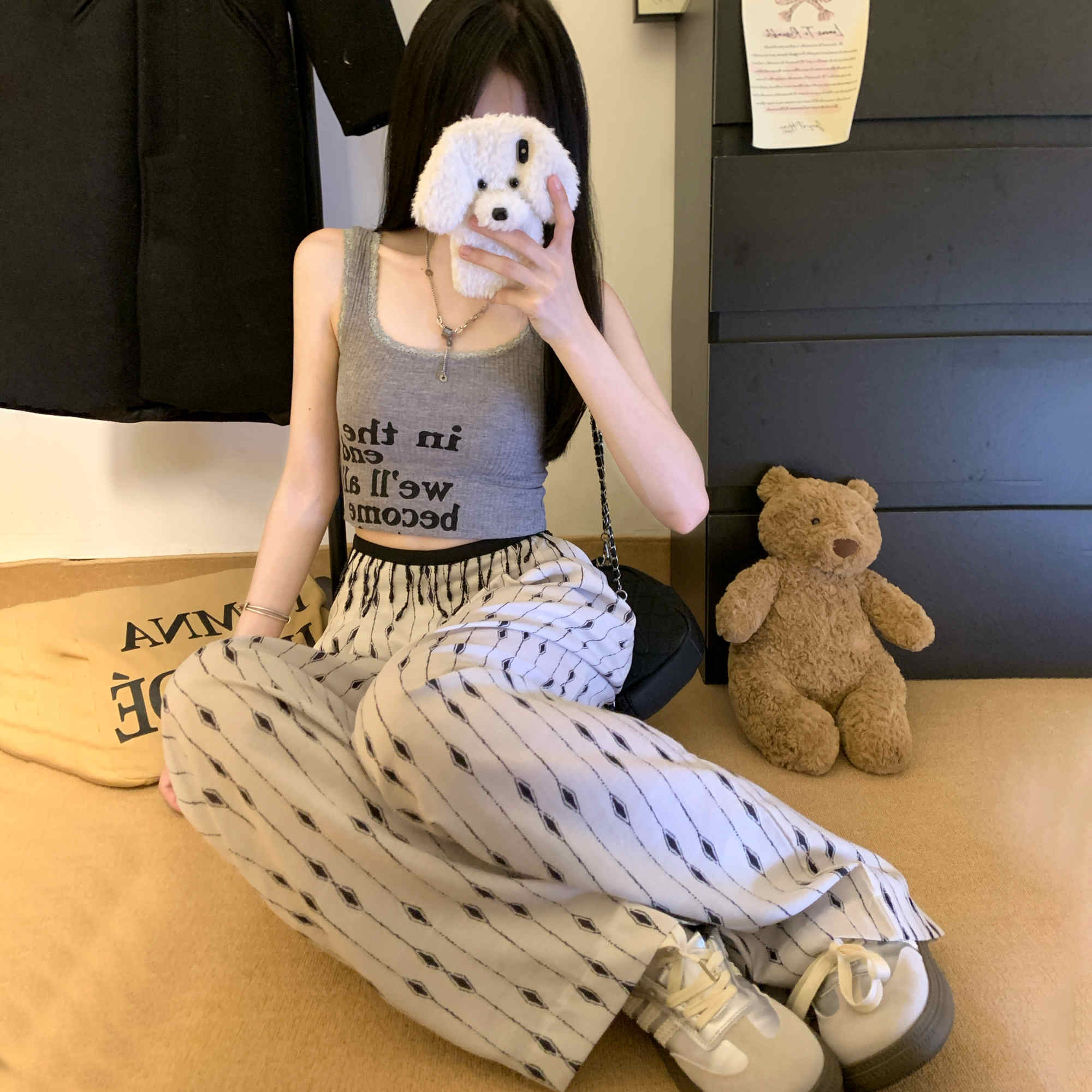 柄 パンツ 韓国風ダイヤ柄ワイドパンツ ゆったりカジュアル