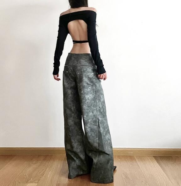 柄 パンツ 迷彩柄ハイウェストワイドパンツ合成革