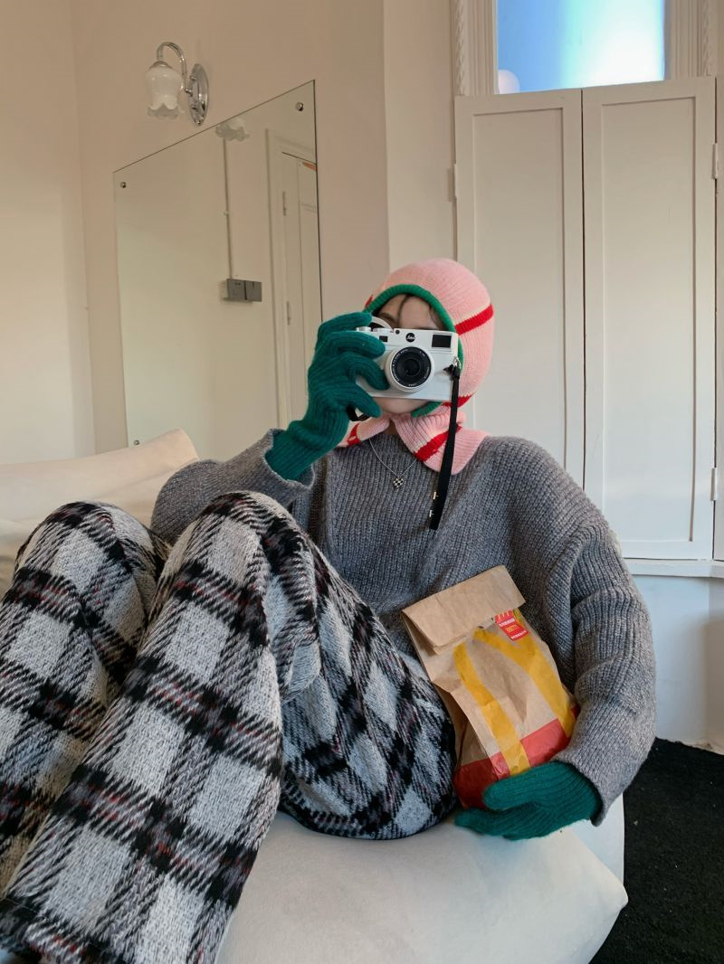 柄 パンツ 韓国風レトロチェック柄ゆったりカジュアルパンツ