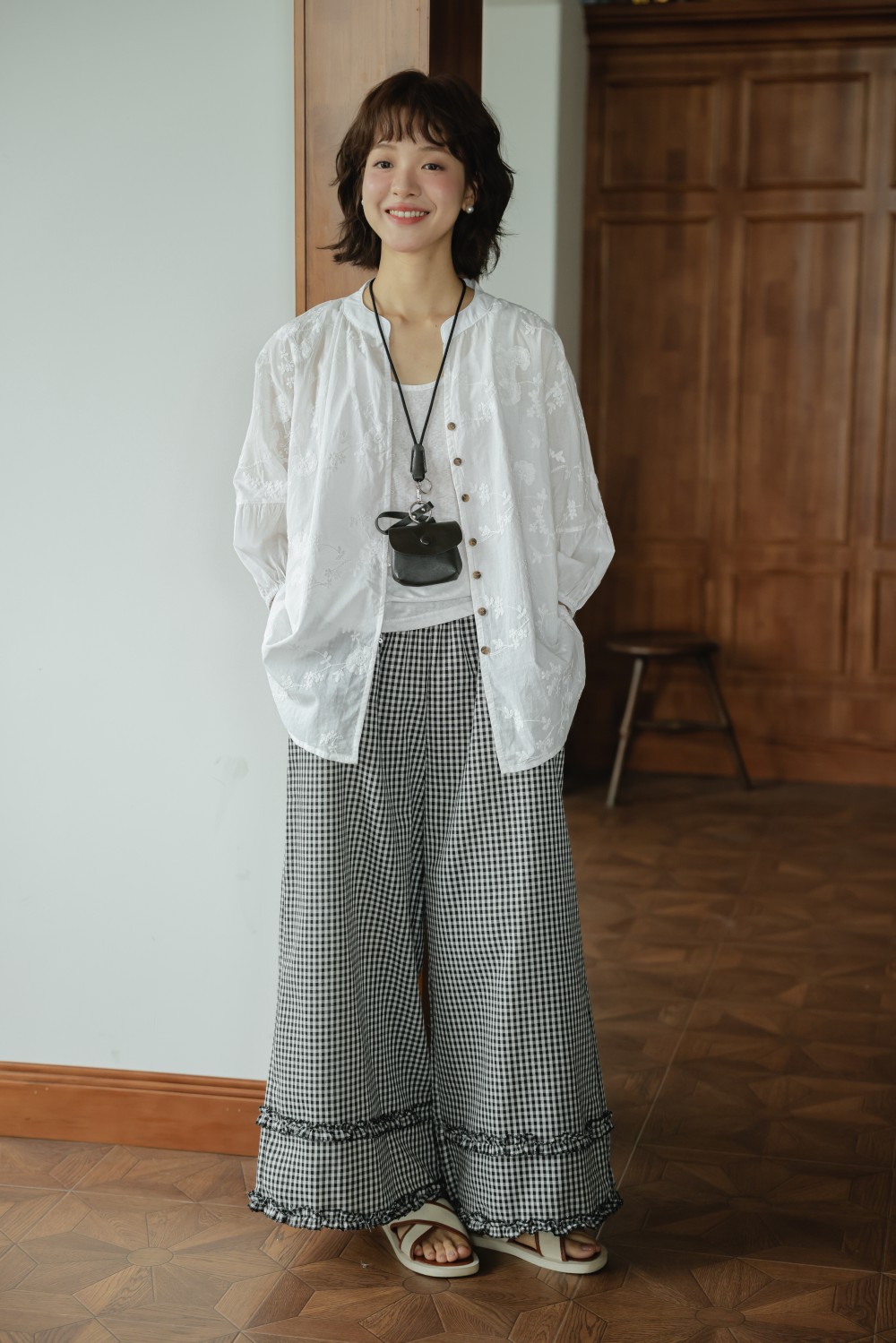 柄 パンツ 春夏新作 韓国風 チェック柄 フリルワイドパンツ