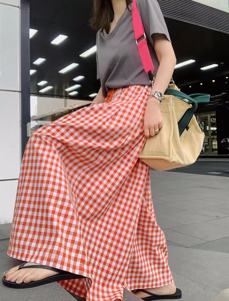 柄 パンツ 二〇二五年新作チェック柄ワイドパンツ女性用ハイウエスト