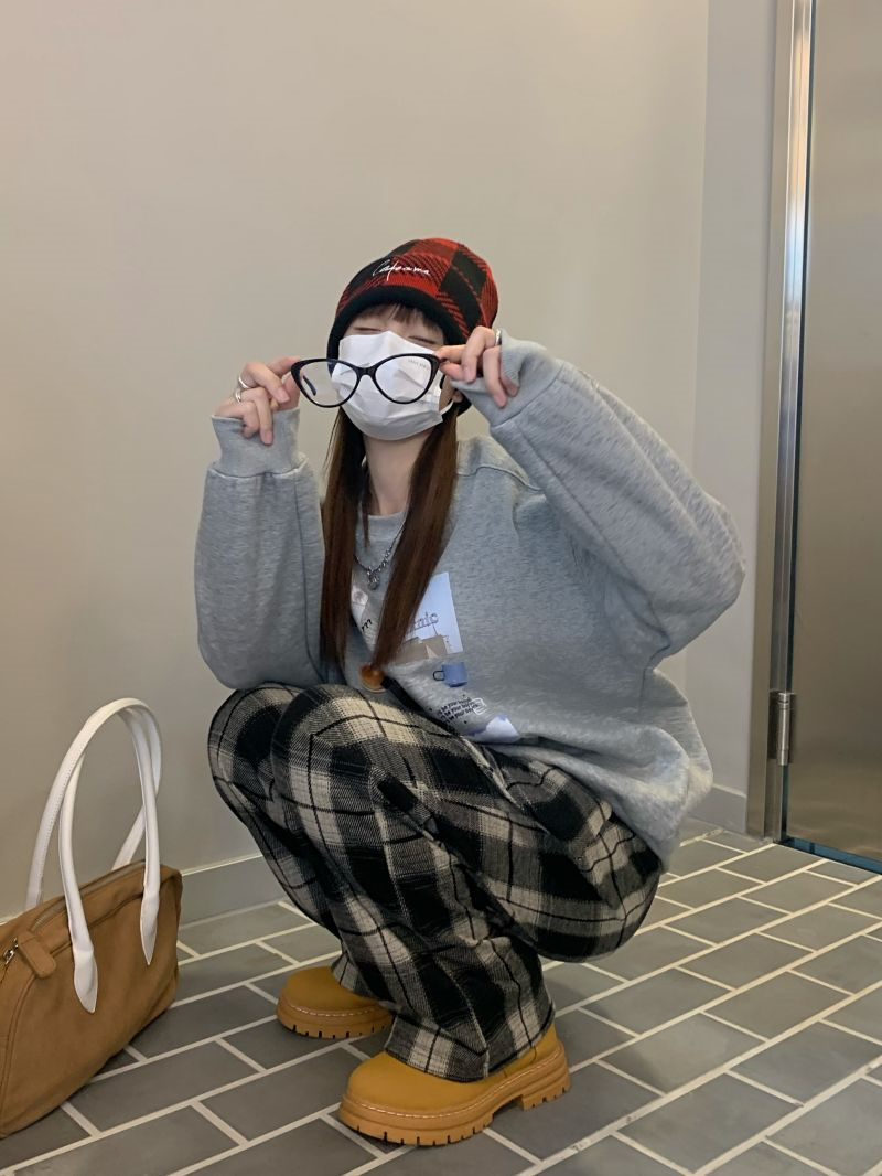 柄 パンツ 韓国風レトロチェック柄パンツ